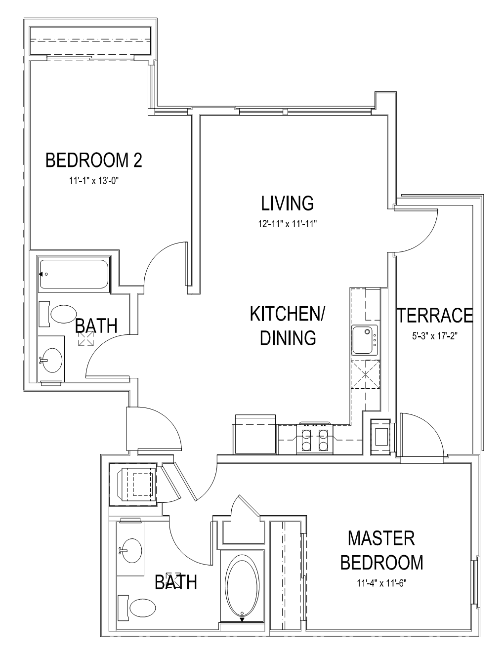 Floor plan for 2 beds, 2 baths, 930 sqft